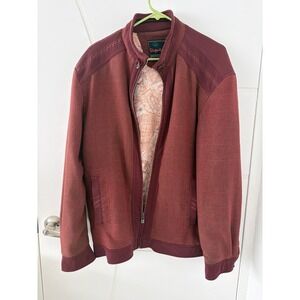 Liquid Mens Burgundy Textured Zip Up Bomber Jacket Map Print Lining Size L